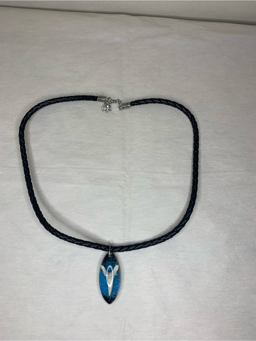 Blue Glass Marquise Pendant Necklace on Black Braided Cord
